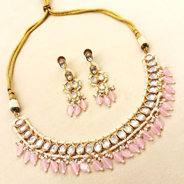 Raihana Baby Pink Diamond Gold Plated Kundan Set - House of Sarvati LLC