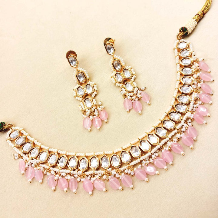 Raihana Baby Pink Diamond Gold Plated Kundan Set - House of Sarvati LLC