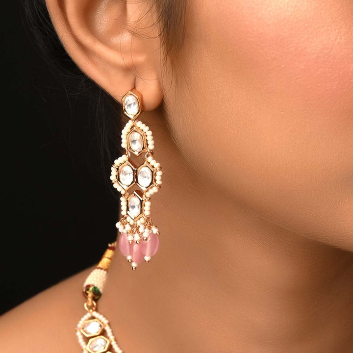 Raihana Baby Pink Diamond Gold Plated Kundan Set - House of Sarvati LLC
