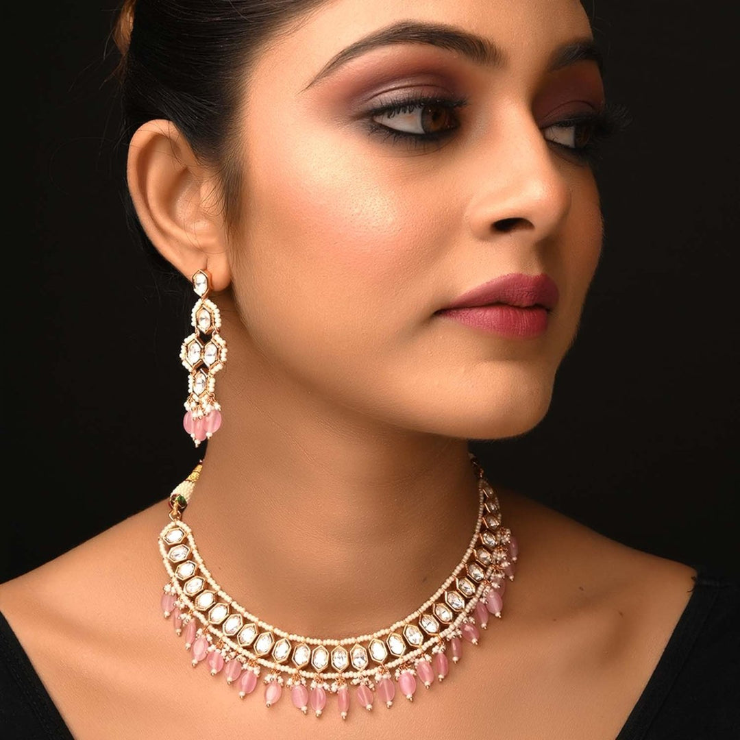 Raihana Baby Pink Diamond Gold Plated Kundan Set - House of Sarvati LLC
