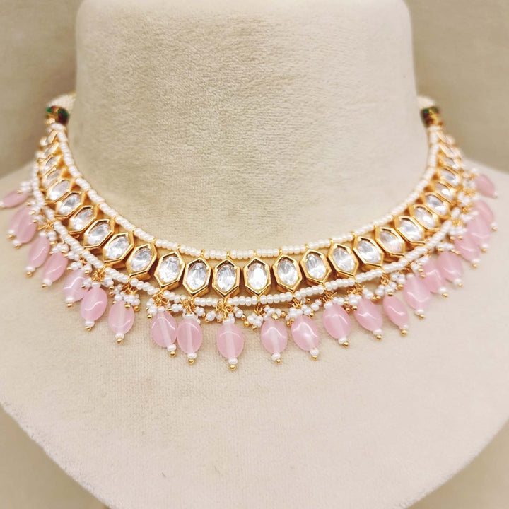 Raihana Baby Pink Diamond Gold Plated Kundan Set - House of Sarvati LLC