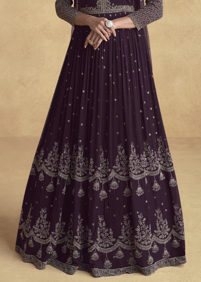 Raisin Purple Anarkali Gown with All - Over Floral Embroidery in Georgette - House of Sarvati LLC