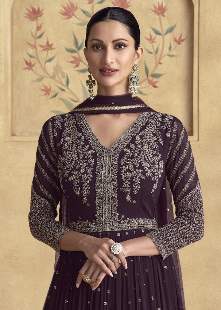 Raisin Purple Anarkali Gown with All - Over Floral Embroidery in Georgette - House of Sarvati LLC