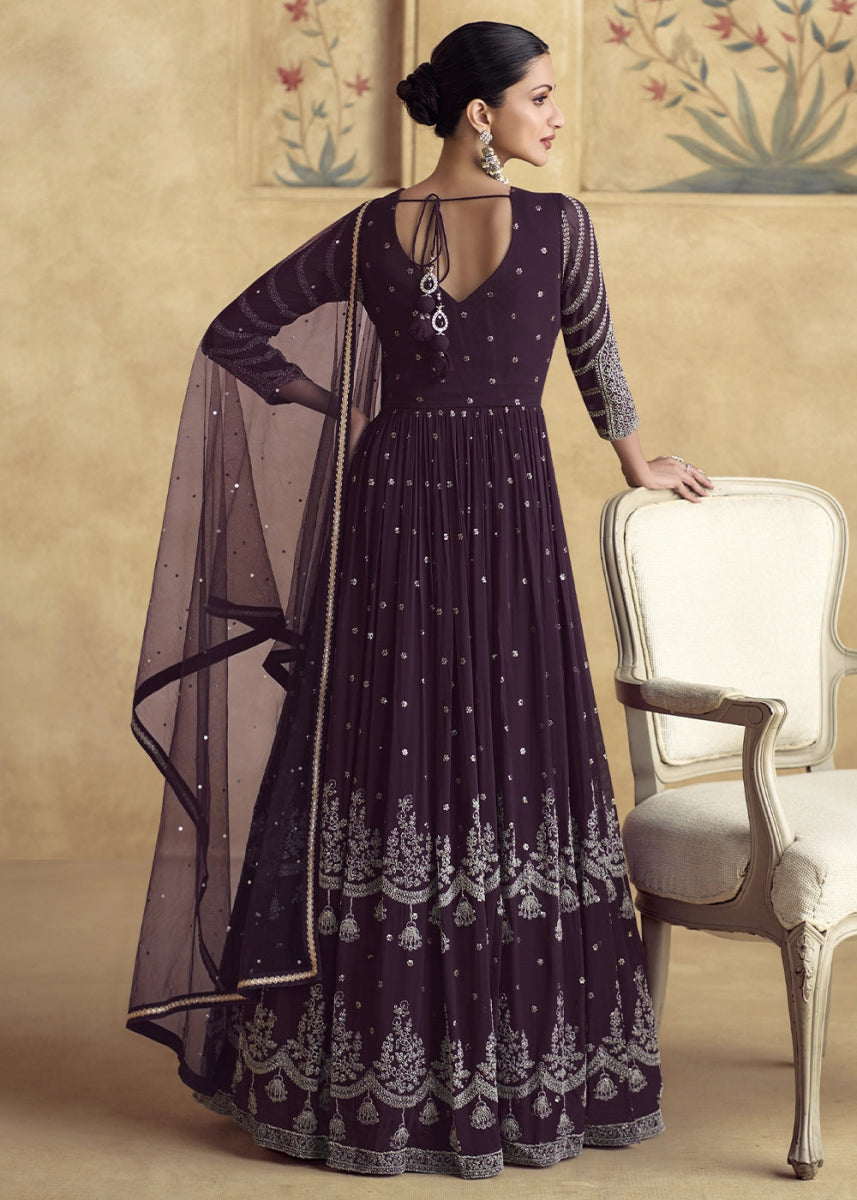 Raisin Purple Anarkali Gown with All - Over Floral Embroidery in Georgette - House of Sarvati LLC