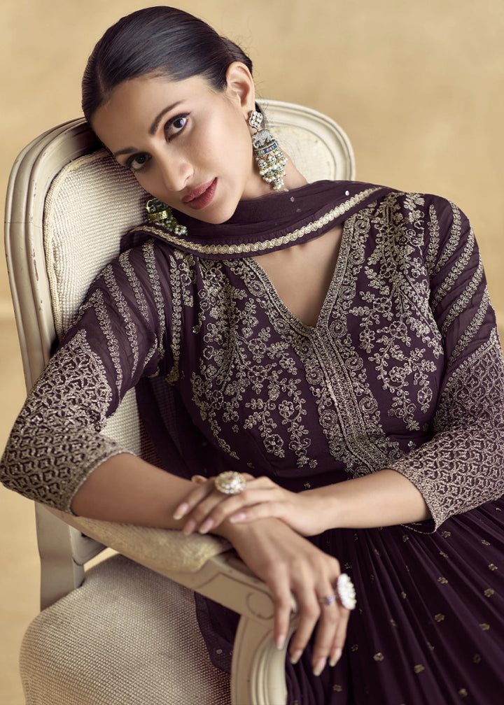 Raisin Purple Anarkali Gown with All - Over Floral Embroidery in Georgette - House of Sarvati LLC