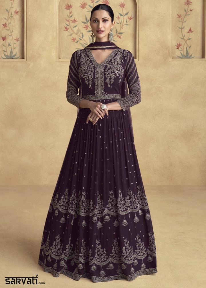 Raisin Purple Anarkali Gown with All - Over Floral Embroidery in Georgette - House of Sarvati LLC