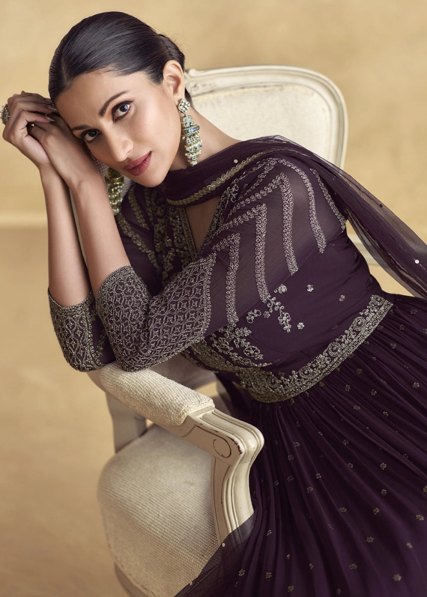 Raisin Purple Anarkali Gown with All - Over Floral Embroidery in Georgette - House of Sarvati LLC