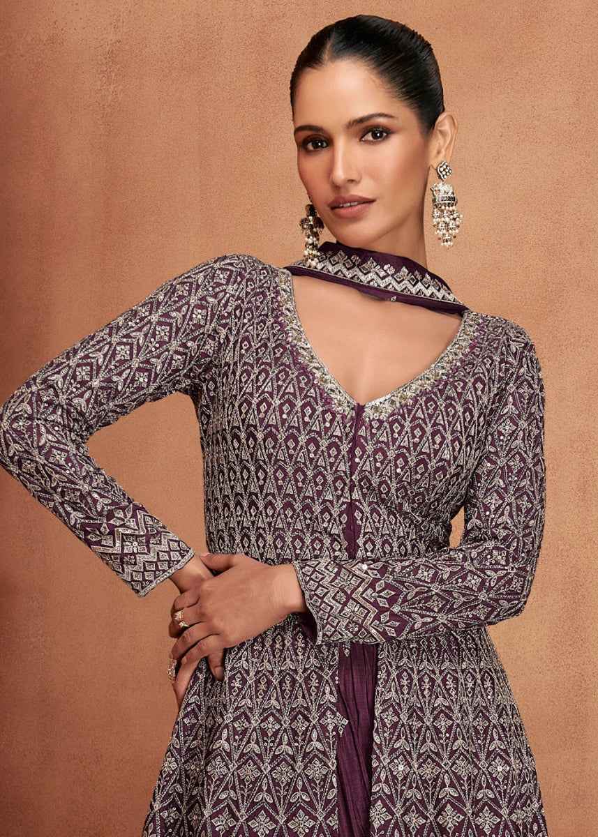 Raisin Purple Chinon Silk Skirt Suit with Front Slit & Embroidery - House of Sarvati LLC