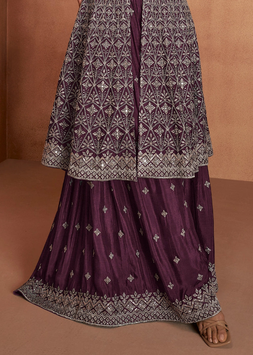 Raisin Purple Chinon Silk Skirt Suit with Front Slit & Embroidery - House of Sarvati LLC