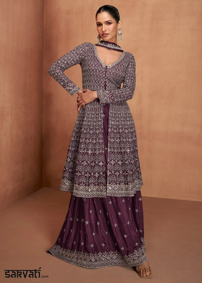 Raisin Purple Chinon Silk Skirt Suit with Front Slit & Embroidery - House of Sarvati LLC