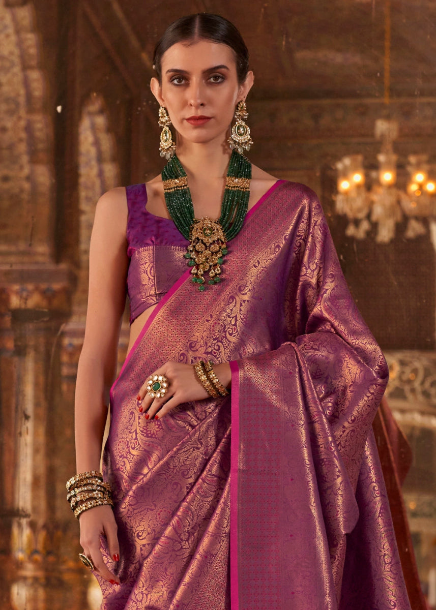 Raisin Purple Silk Saree with Handloom Weaving and Gold Zari Accents - House of Sarvati LLC
