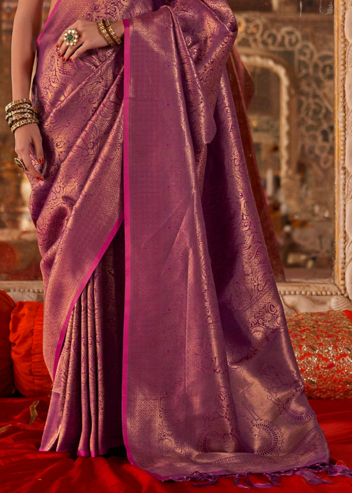 Raisin Purple Silk Saree with Handloom Weaving and Gold Zari Accents - House of Sarvati LLC