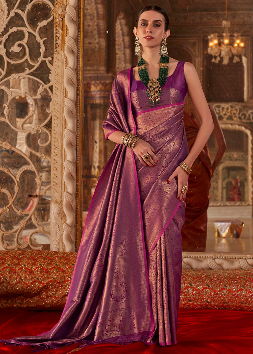 Raisin Purple Silk Saree with Handloom Weaving and Gold Zari Accents - House of Sarvati LLC