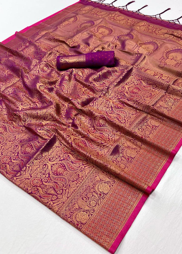 Raisin Purple Silk Saree with Handloom Weaving and Gold Zari Accents - House of Sarvati LLC