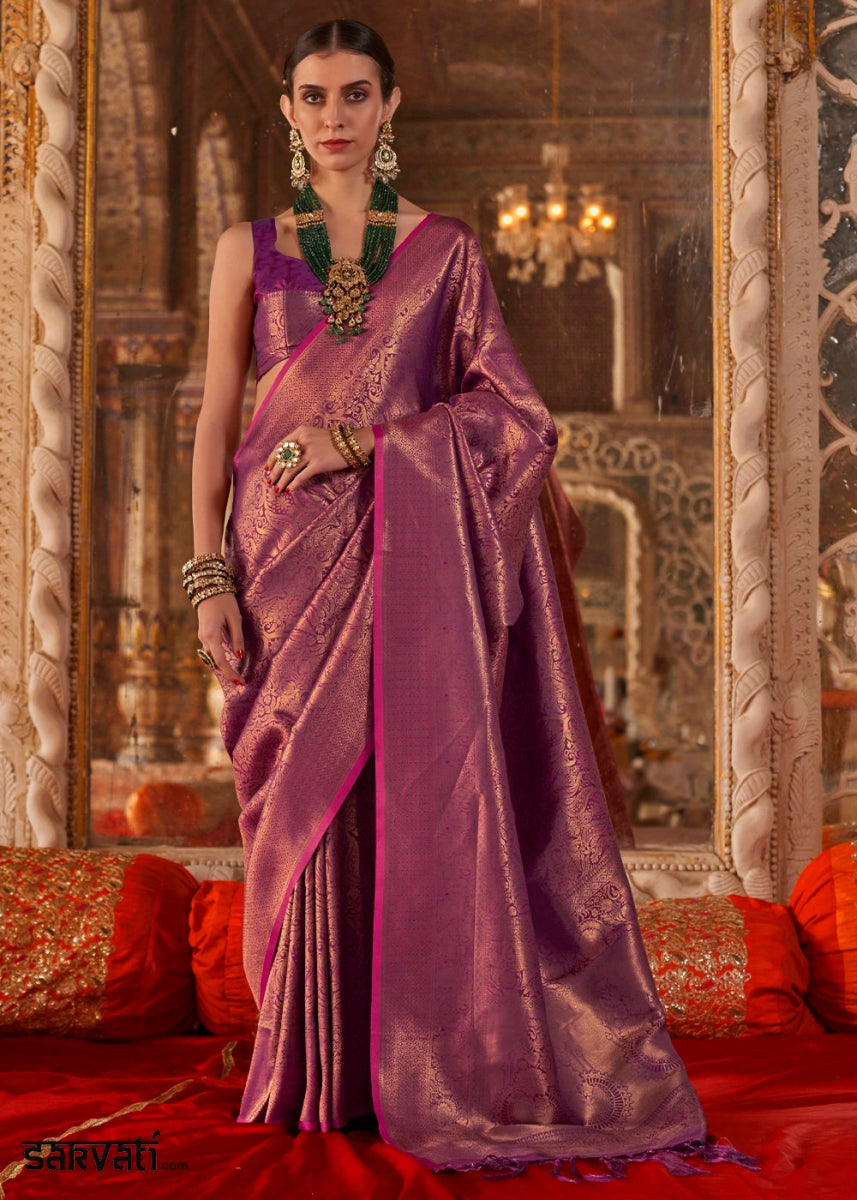 Raisin Purple Silk Saree with Handloom Weaving and Gold Zari Accents - House of Sarvati LLC