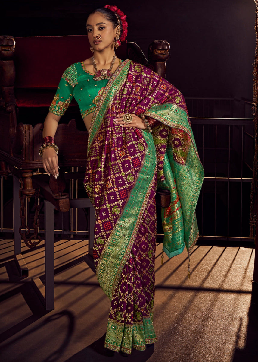Raisin Purple Viscose Silk Saree with Handcrafted Embroidered Blouse - House of Sarvati LLC