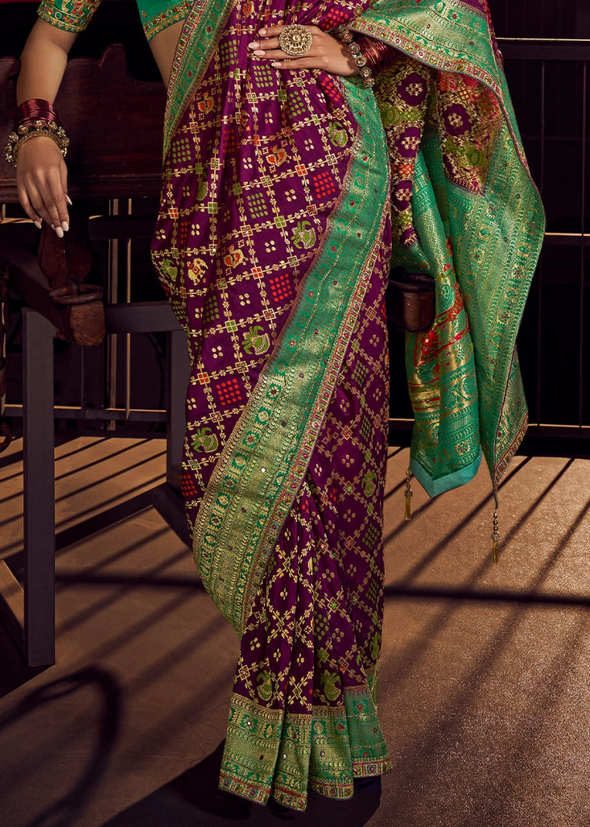 Raisin Purple Viscose Silk Saree with Handcrafted Embroidered Blouse - House of Sarvati LLC