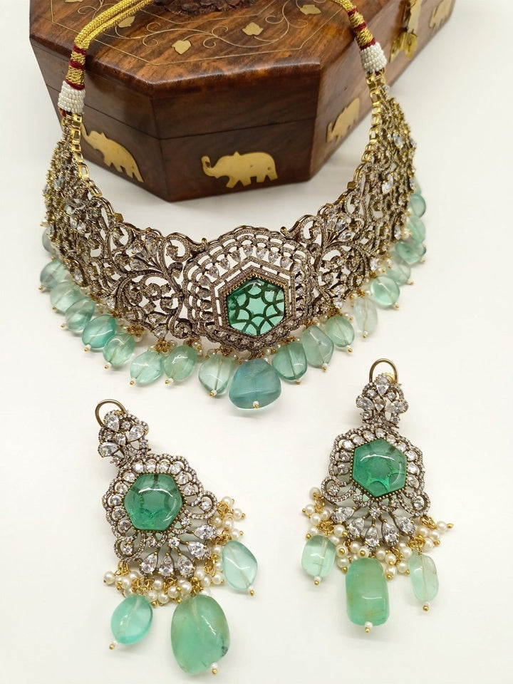 Rajni Mint Green Polki Necklace Set - House of Sarvati LLC