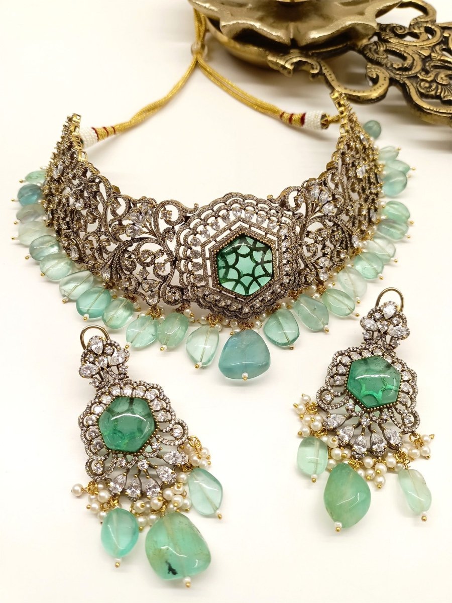 Rajni Mint Green Polki Necklace Set - House of Sarvati LLC