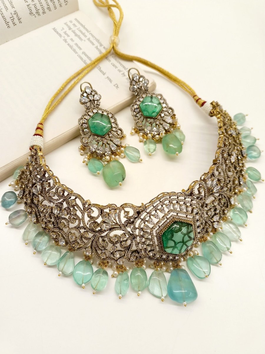 Rajni Mint Green Polki Necklace Set - House of Sarvati LLC