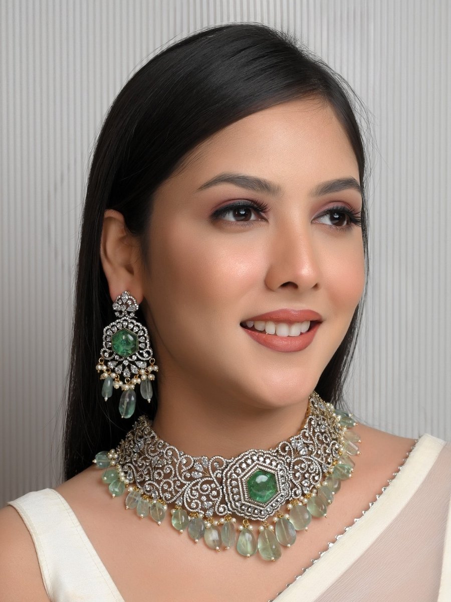 Rajni Mint Green Polki Necklace Set - House of Sarvati LLC