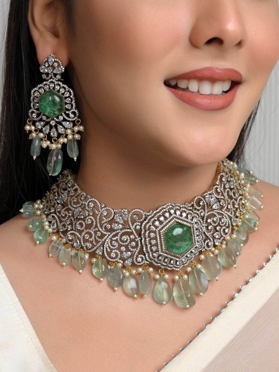 Rajni Mint Green Polki Necklace Set - House of Sarvati LLC