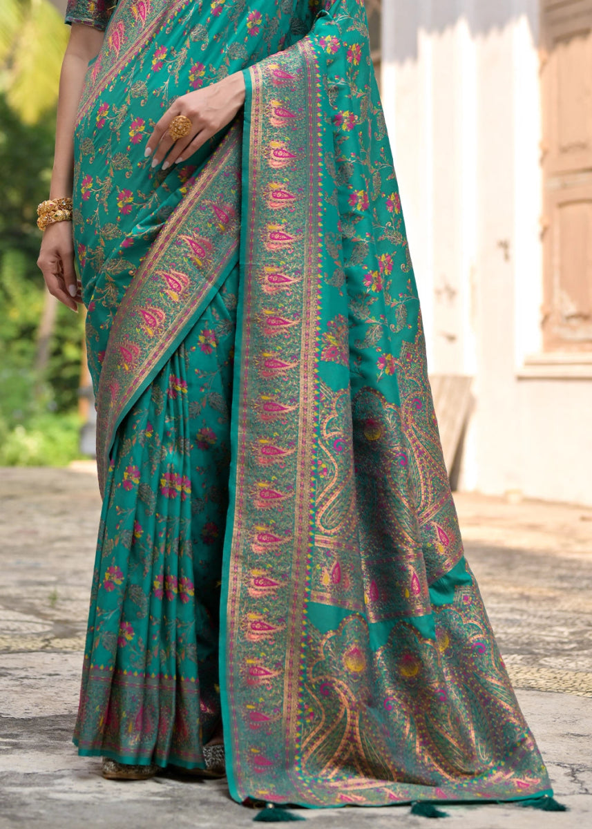 Rama Green Silk Saree with Intricate Threadwork Floral Jaal - House of Sarvati LLC