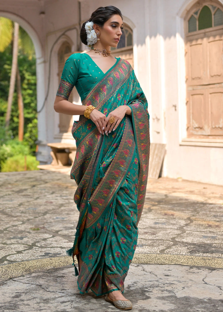 Rama Green Silk Saree with Intricate Threadwork Floral Jaal - House of Sarvati LLC