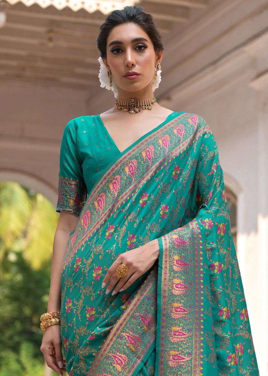 Rama Green Silk Saree with Intricate Threadwork Floral Jaal - House of Sarvati LLC