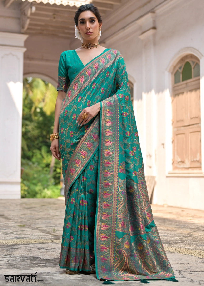 Rama Green Silk Saree with Intricate Threadwork Floral Jaal - House of Sarvati LLC