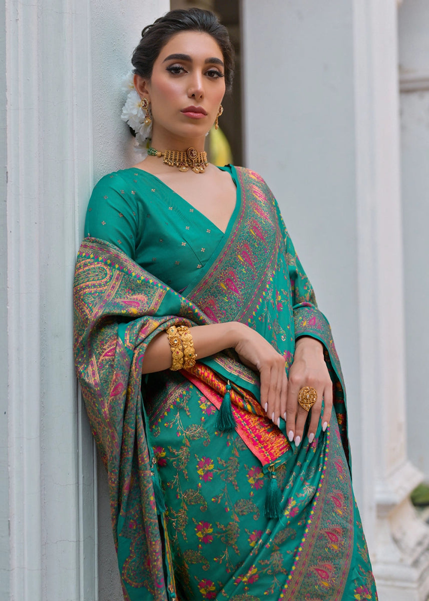 Rama Green Silk Saree with Intricate Threadwork Floral Jaal - House of Sarvati LLC
