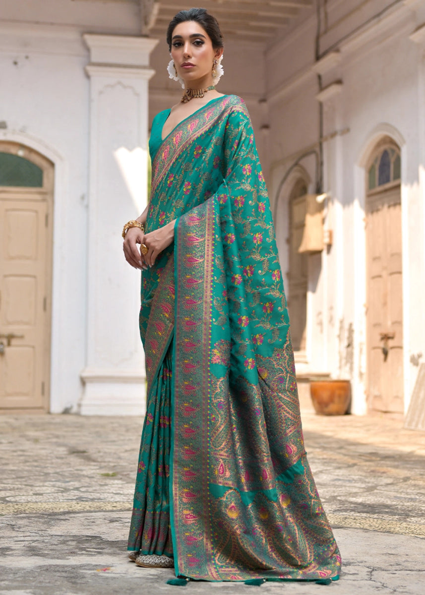 Rama Green Silk Saree with Intricate Threadwork Floral Jaal - House of Sarvati LLC