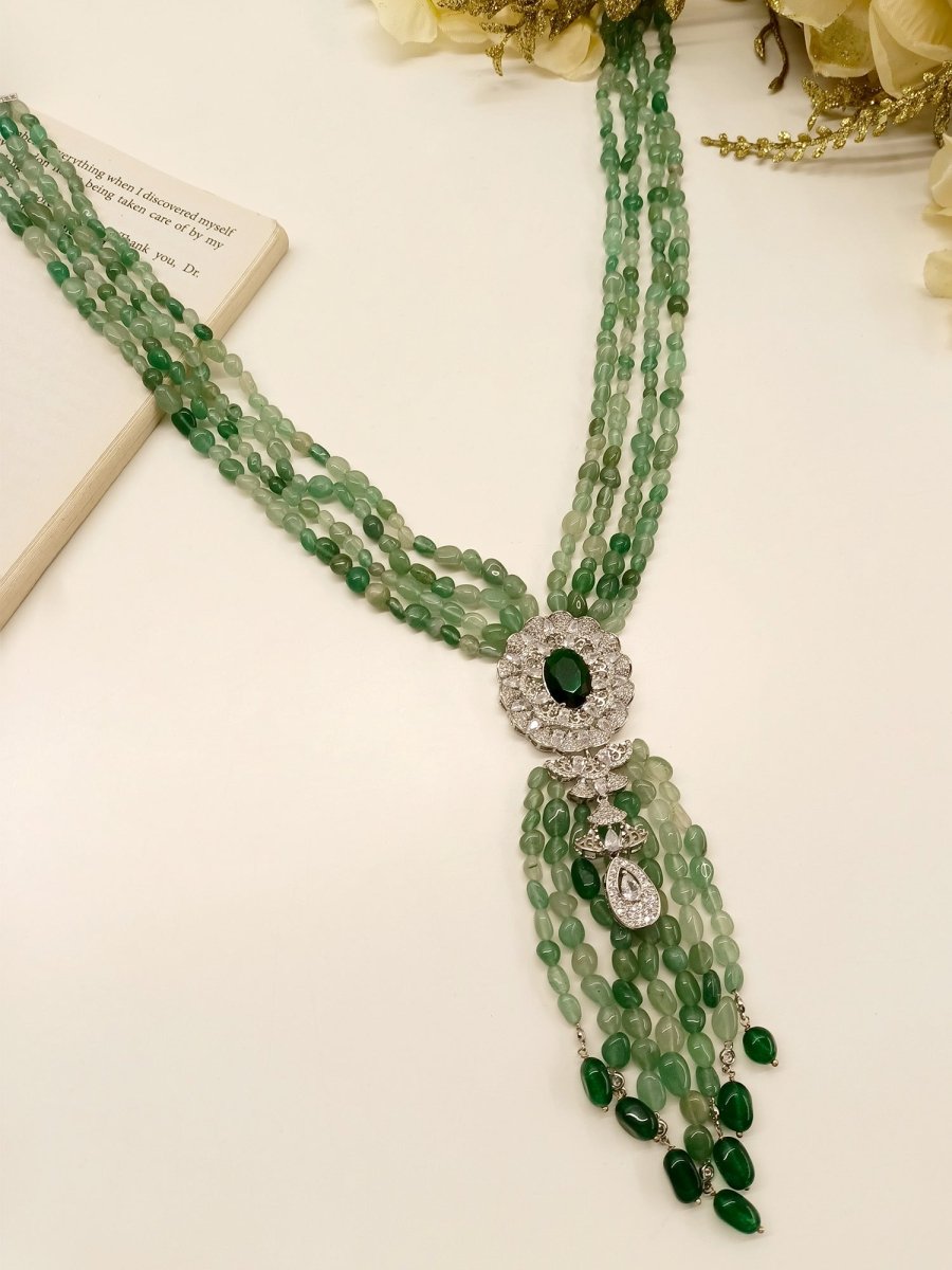 Ramya Emerald American Diamond & Beads Neckpiece - House of Sarvati LLC