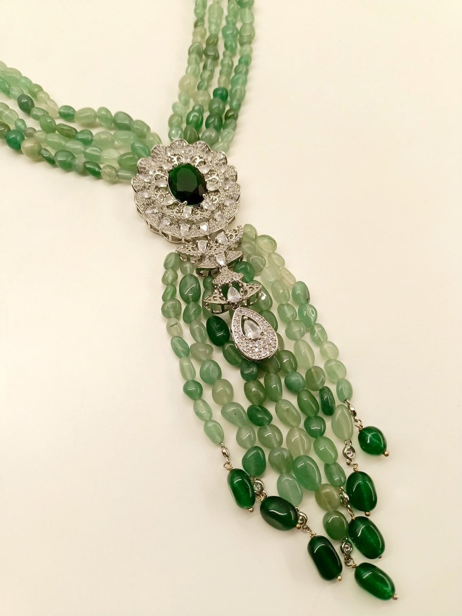 Ramya Emerald American Diamond & Beads Neckpiece - House of Sarvati LLC