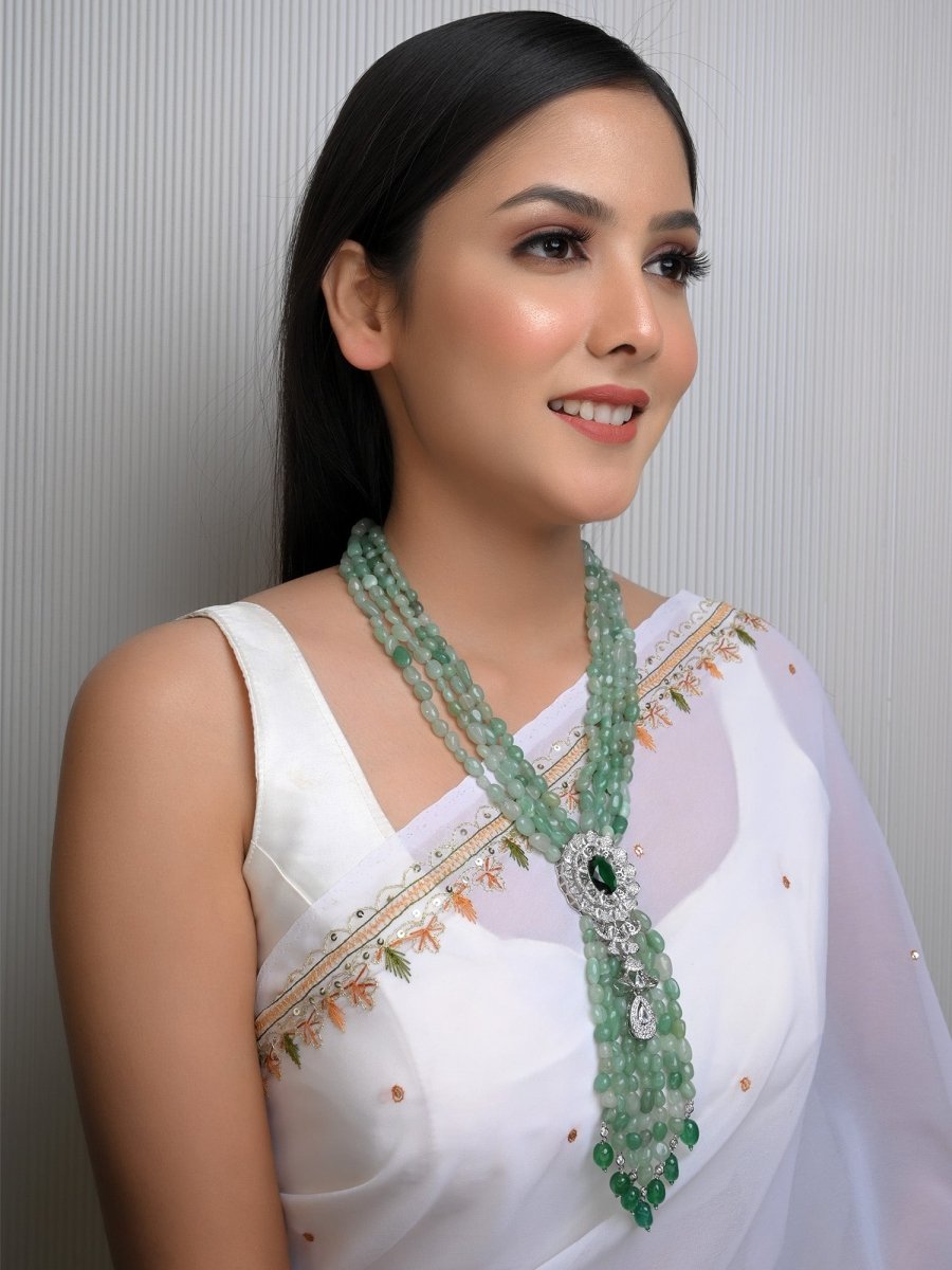 Ramya Emerald American Diamond & Beads Neckpiece - House of Sarvati LLC