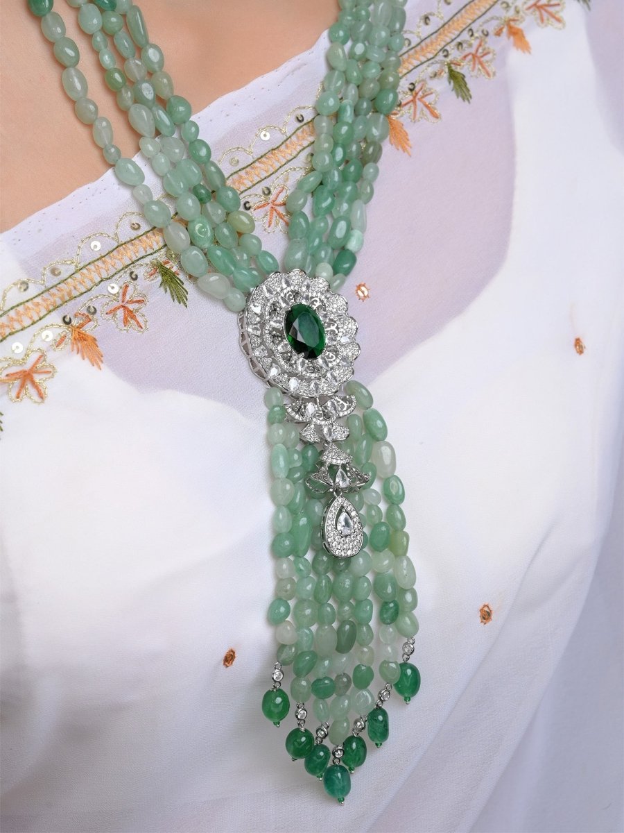 Ramya Emerald American Diamond & Beads Neckpiece - House of Sarvati LLC