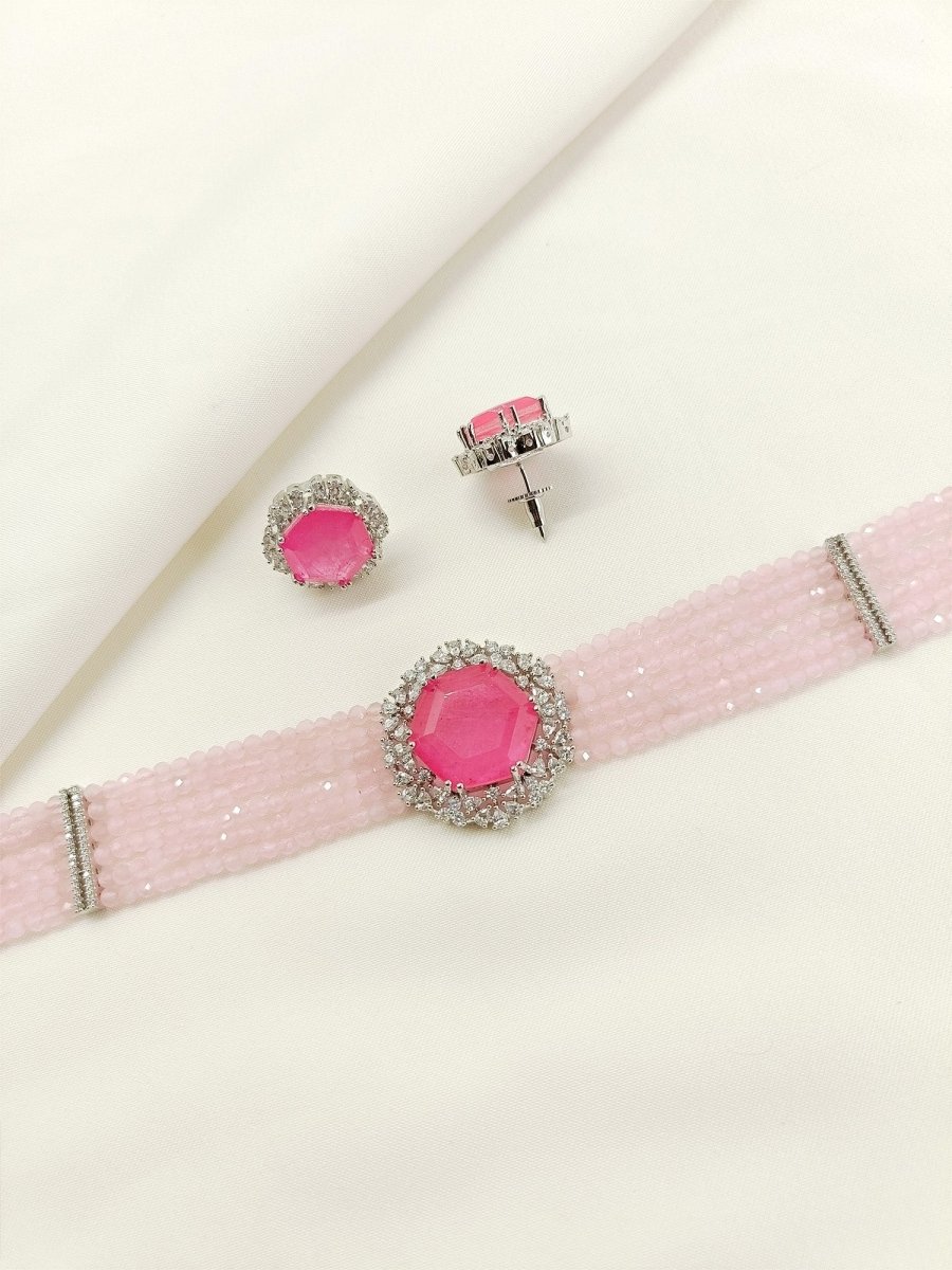 Ravee Baby Pink American Diamond Choker Set - House of Sarvati LLC