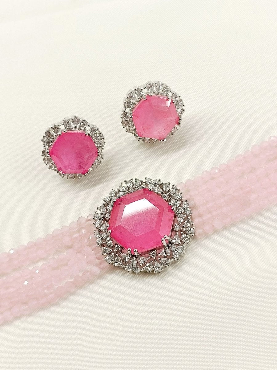 Ravee Baby Pink American Diamond Choker Set - House of Sarvati LLC