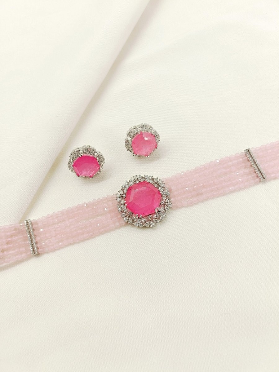 Ravee Baby Pink American Diamond Choker Set - House of Sarvati LLC