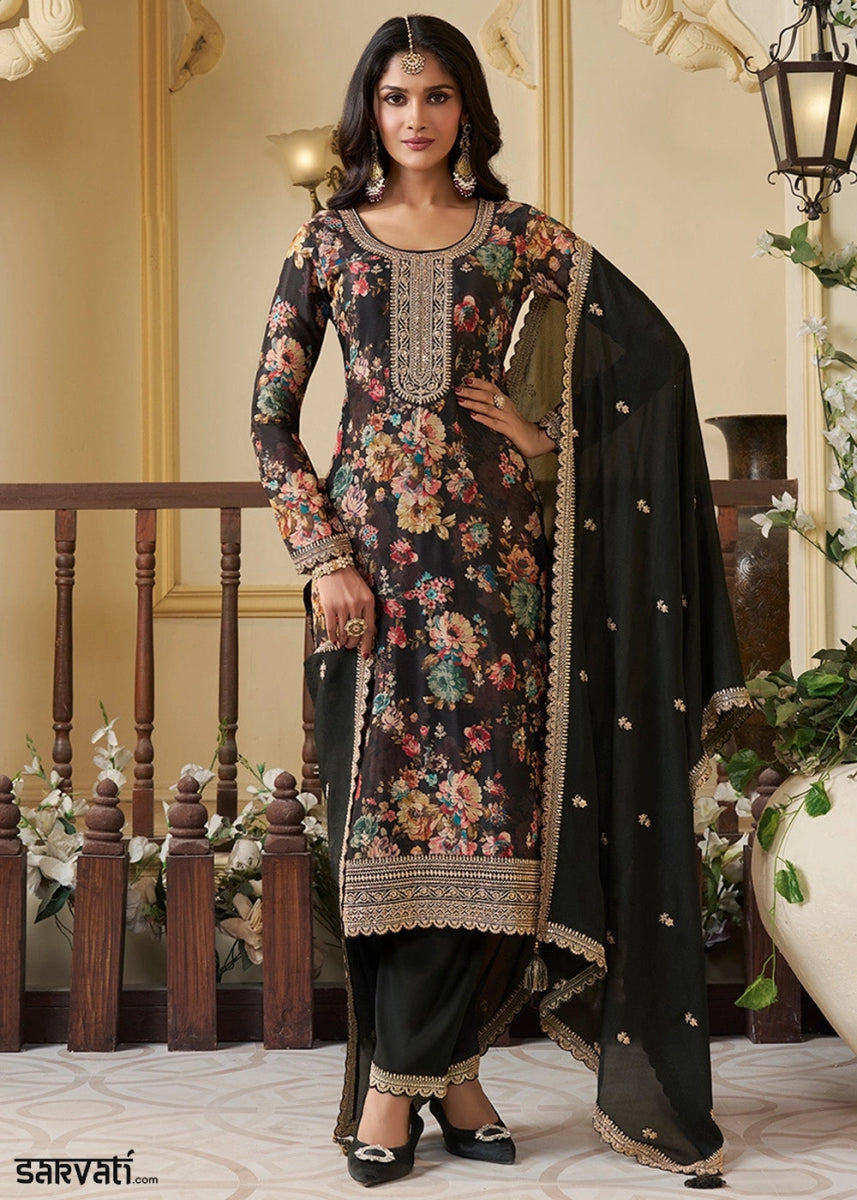 Raven Black Chinon Silk Floral Printed Salwar Suit with Butti & Sequin Embroidery - House of Sarvati LLC