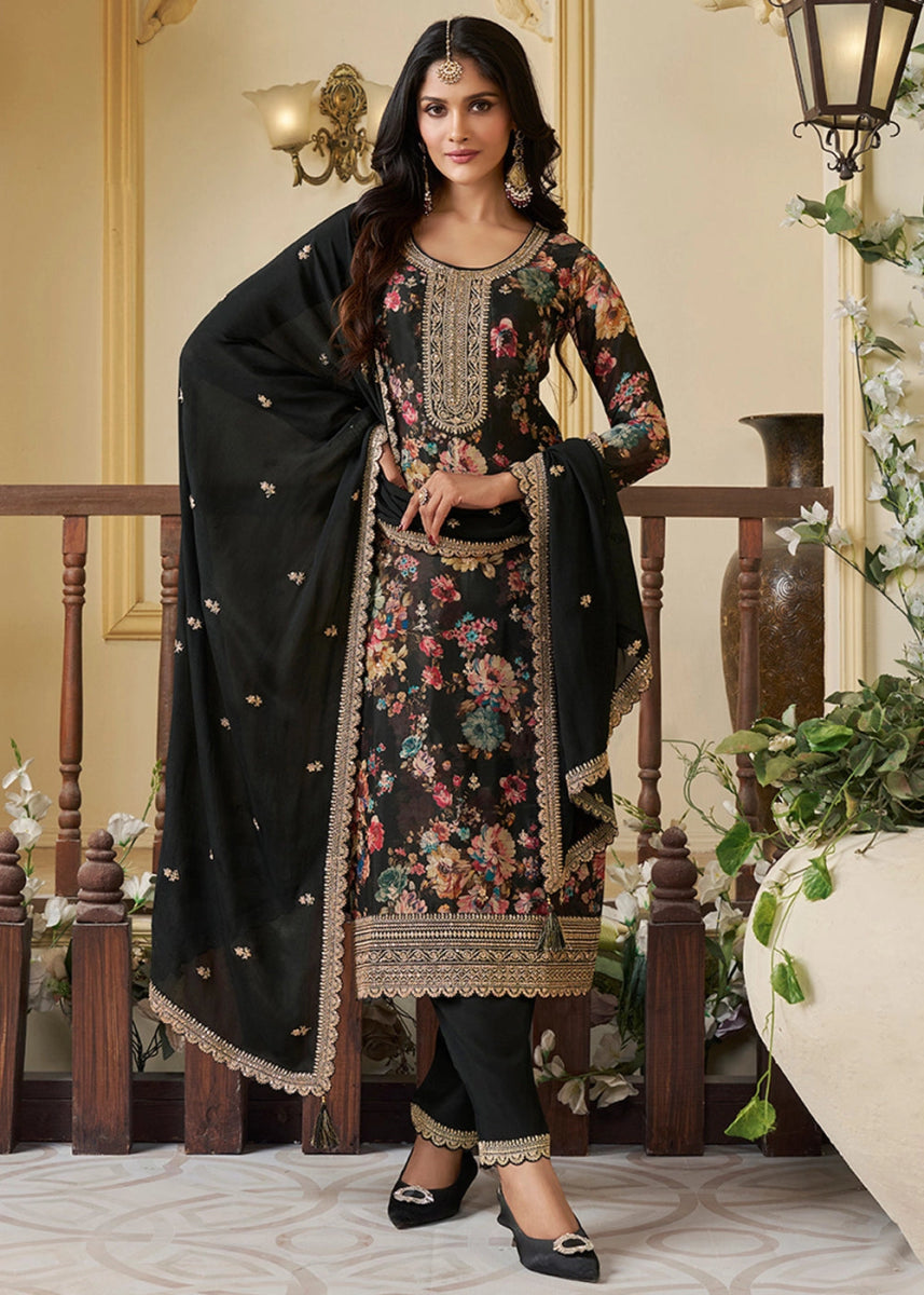 Raven Black Chinon Silk Floral Printed Salwar Suit with Butti & Sequin Embroidery - House of Sarvati LLC