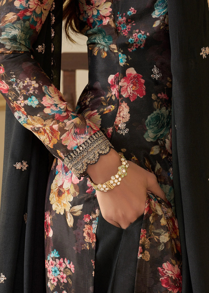 Raven Black Chinon Silk Floral Printed Salwar Suit with Butti & Sequin Embroidery - House of Sarvati LLC