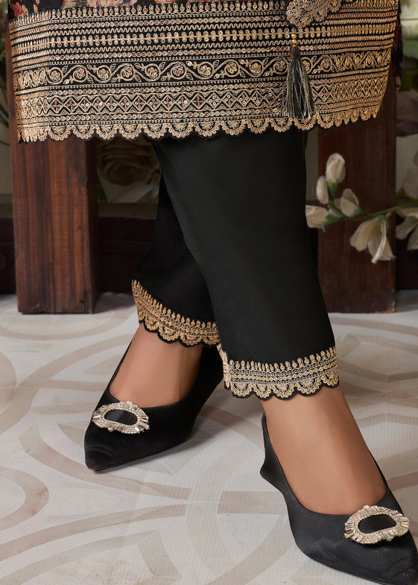 Raven Black Chinon Silk Floral Printed Salwar Suit with Butti & Sequin Embroidery - House of Sarvati LLC