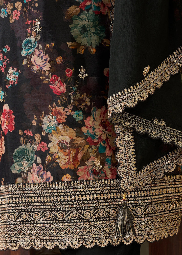 Raven Black Chinon Silk Floral Printed Salwar Suit with Butti & Sequin Embroidery - House of Sarvati LLC