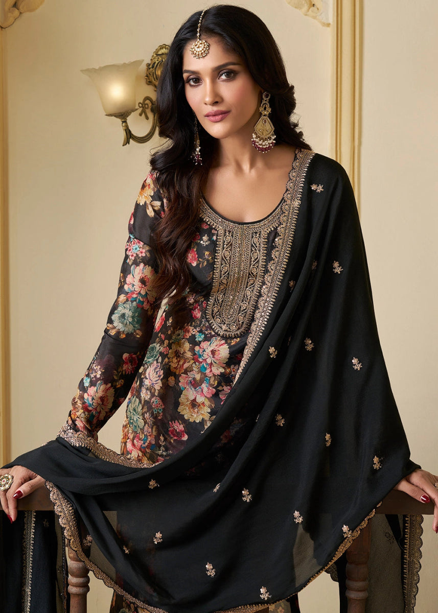 Raven Black Chinon Silk Floral Printed Salwar Suit with Butti & Sequin Embroidery - House of Sarvati LLC