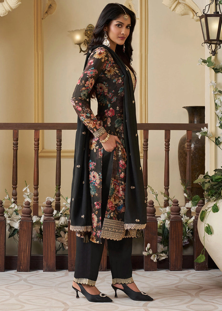 Raven Black Chinon Silk Floral Printed Salwar Suit with Butti & Sequin Embroidery - House of Sarvati LLC