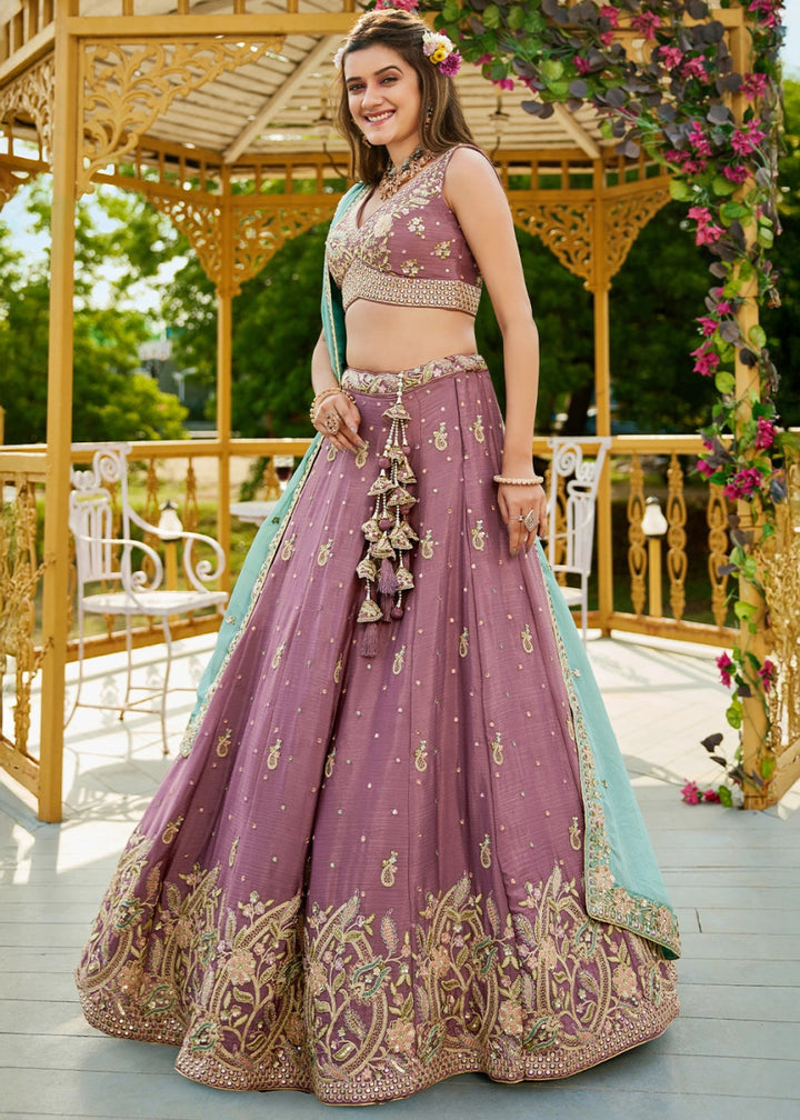 Razzmic Berry Purple Chiffon Lehenga Choli with Sequins and Floral Embroidery - House of Sarvati LLC