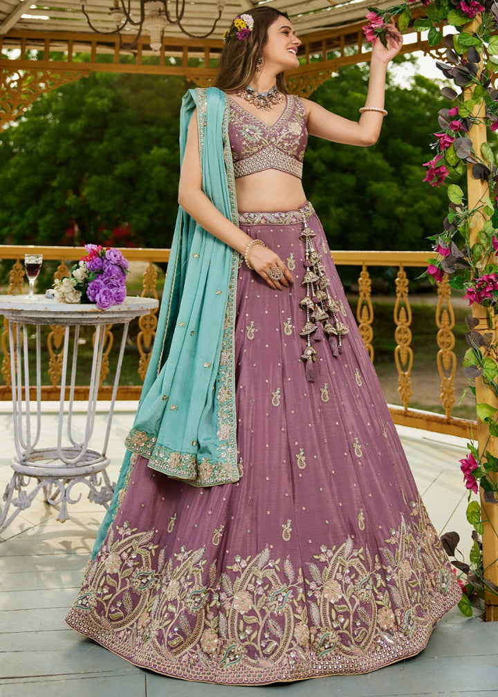 Razzmic Berry Purple Chiffon Lehenga Choli with Sequins and Floral Embroidery - House of Sarvati LLC