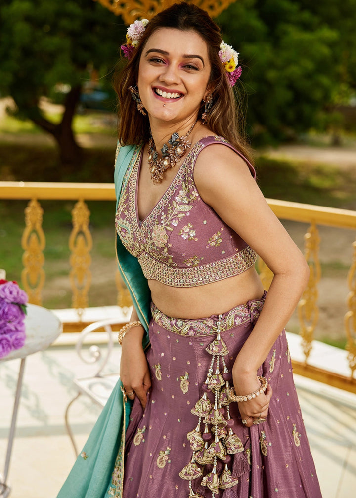 Razzmic Berry Purple Chiffon Lehenga Choli with Sequins and Floral Embroidery - House of Sarvati LLC