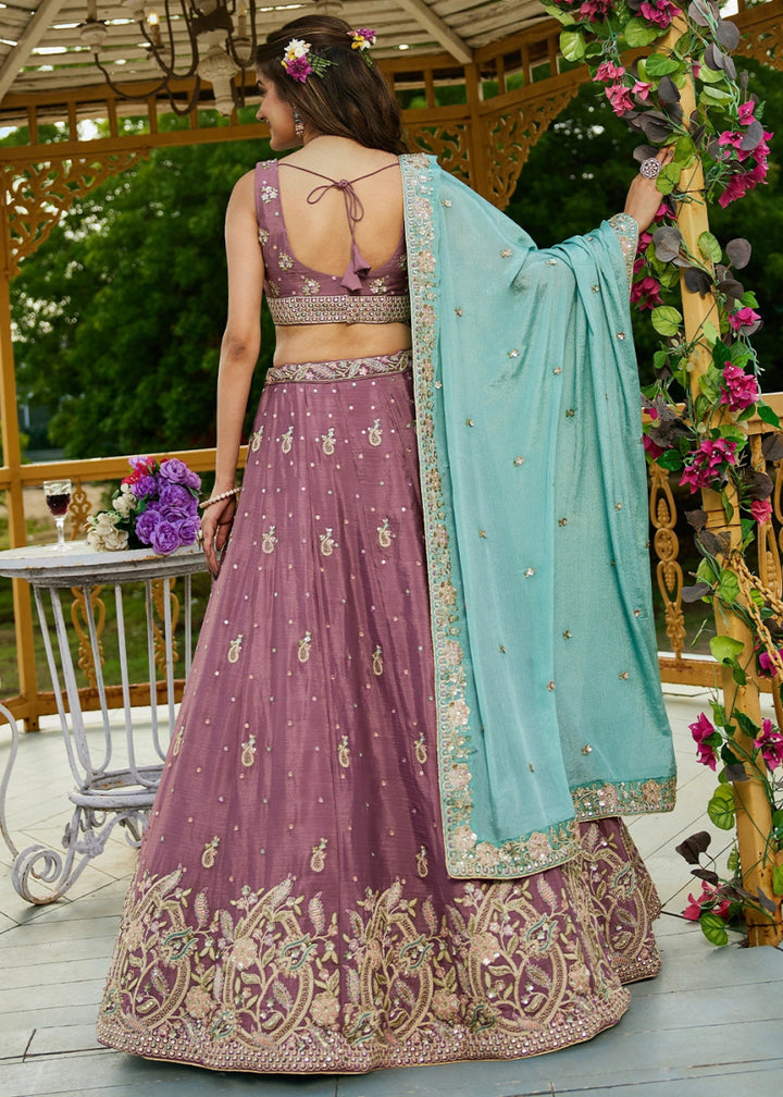 Razzmic Berry Purple Chiffon Lehenga Choli with Sequins and Floral Embroidery - House of Sarvati LLC